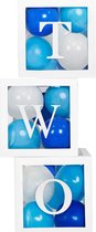 3 doorzichtig letter ballon blokken Two wit inclusief 24 ballonnen licht en donker blauw en wit - ballon box - 2 - twee - verjaardag