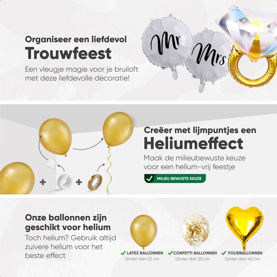 Bruiloftsdecoratie: 'Mr & Mrs' ballonnen, diamant en hartvormige folieballonnen, gouden latex ballonnen, confetti ballonnen.