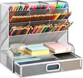 Mesh Bureau-organizer, multifunctionele pennenhouder, pennenorganizer voor bureau, opbergrek voor school, thuiskantoor, kunstbenodigdheden (zilveren pennenhouder met lade)