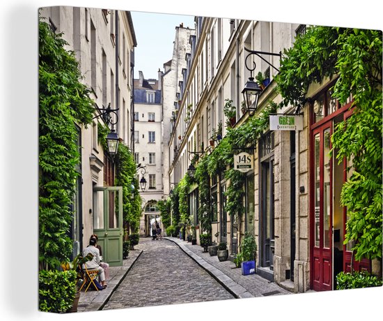 Canvas schilderij 180x120 cm - Wanddecoratie Straat in Parijs - Muurdecoratie woonkamer - Slaapkamer decoratie - Kamer accessoires - Schilderijen