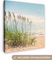 Canvas schilderij - Strand - Gras - Zee - Golf - Canvas doek - 20x20 cm - Schilderijen op canvas - Foto op canvas - Muurdecoratie