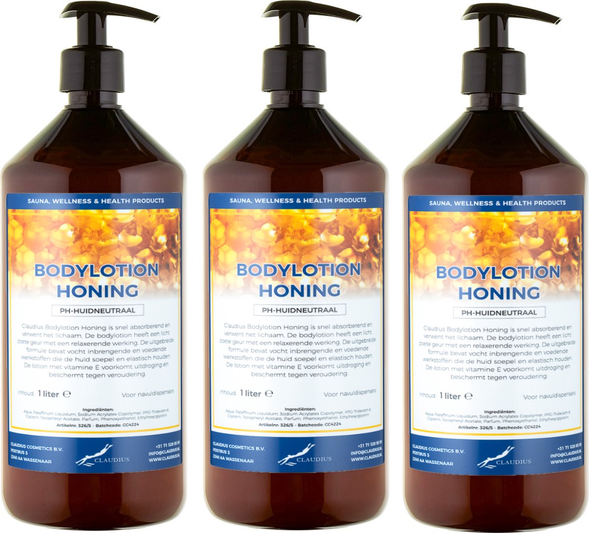 Bodylotion Honing 1 Liter - met gratis pomp - set van 3 stuks