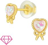 Joy|S - Zilveren hartje oorbellen - opaal - met strikje - 5.4 x 7.3 mm - 14k goudplating - kinderoorbellen met siliconen vlinder sluiting