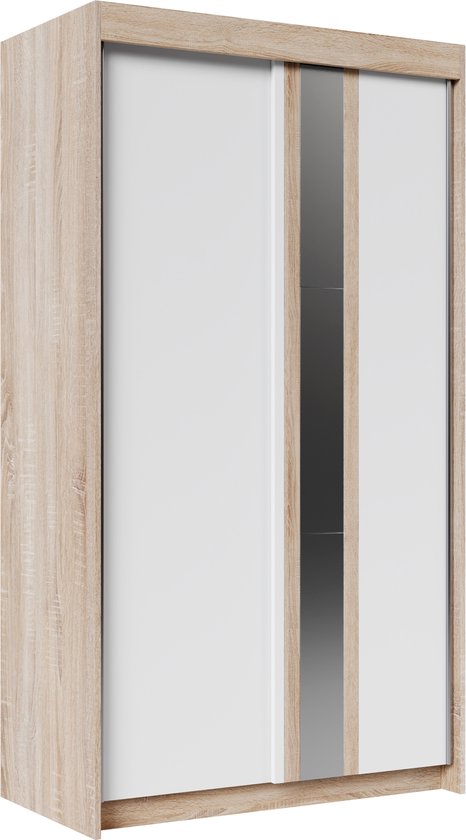 Schuifkast 120 cm - Kleur wit + hout - Spiegel - 5 planken - 2 schuifdeuren - kledingroede