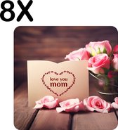 BWK Flexibele Placemat - I Love Mom - Moederdag - Rozen - Set van 8 Placemats - 50x50 cm - PVC Doek - Afneembaar
