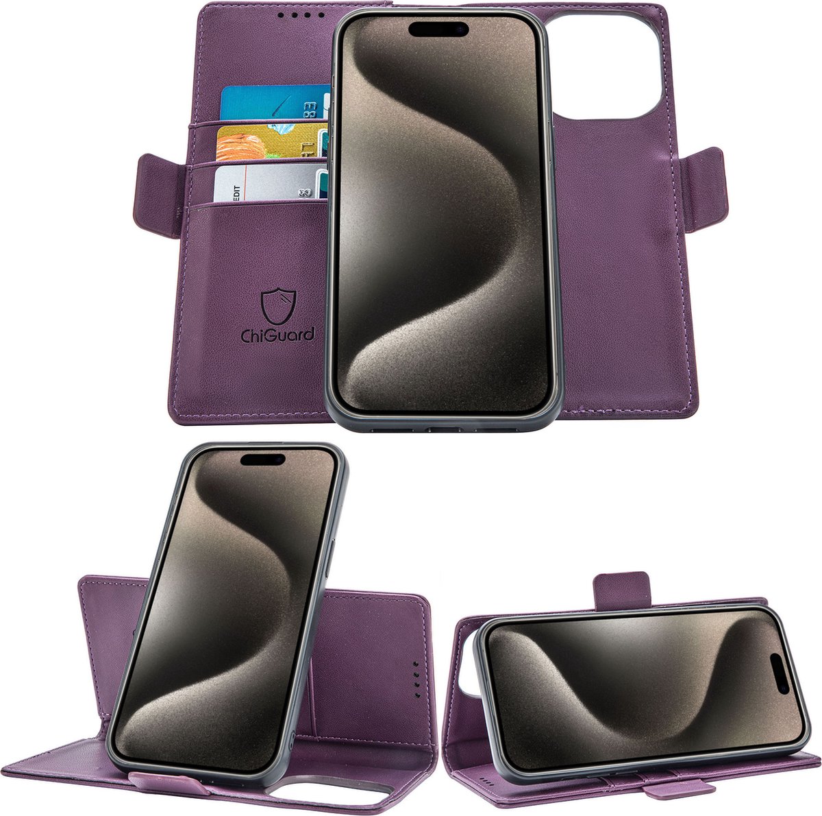 Geschikt voor iPhone 15 Pro Max Book Case Hoesje - Uitneembaar Hoesje - Magnetische Sluiting - Portemonnee Paars
