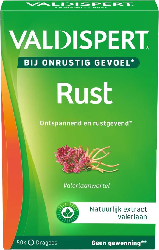 Valdispert Rust verpakking met groen en oranje design. Natuurlijk product met valeriaanwortel.