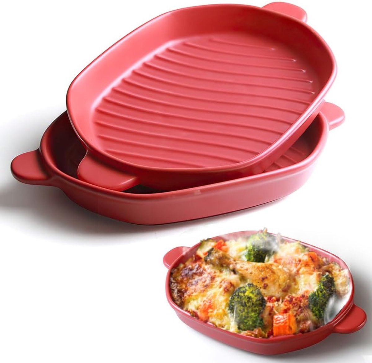 Braadpan, lasagneschaal 26 x 18 cm, ovenschaal met handvat, ideaal voor 2 personen, ovenschaal, ideaal voor oven, keramiek, ovenschaal, lasagne, ovenschaal, verpakking van 2 (rood)