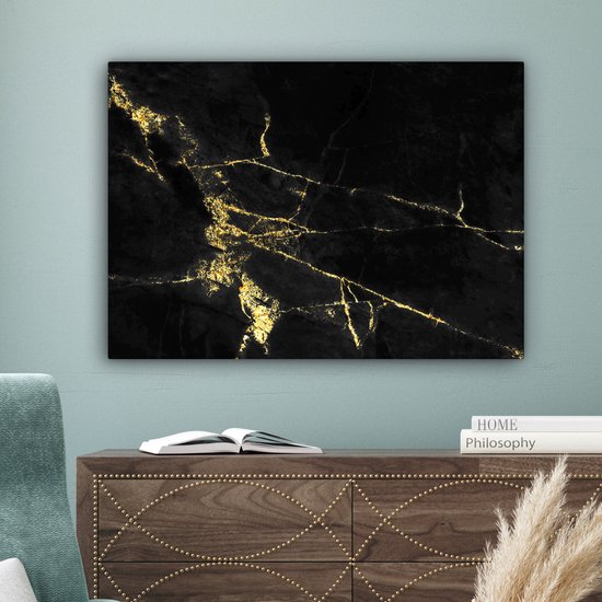 Toile Peinture Marbre - Zwart - Or - Luxe - 80x60 cm - Décoration murale