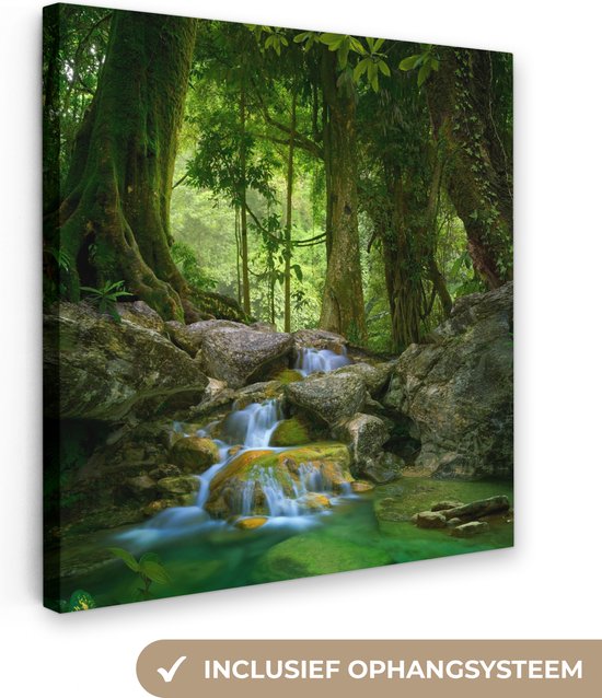 Canvas schilderij - Stenen - Rivier - Jungle - Boom - Foto op canvas - Muurdecoratie - Kamer decoratie - 90x90 cm