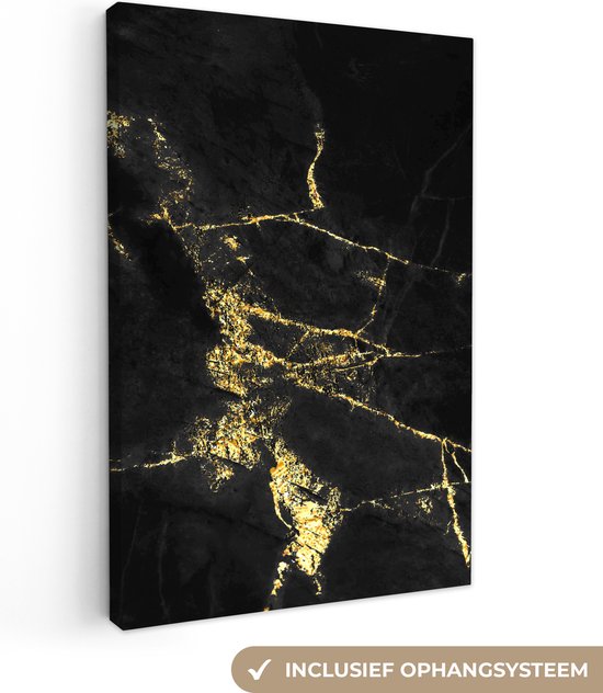 Canvas Schilderij Marmer - Zwart - Goud - Luxe - Wanddecoratie