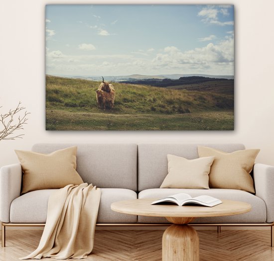 Peinture sur toile Highlanders écossais - Herbe - Nuages ​​- Animaux - 140x90 cm - Décoration murale