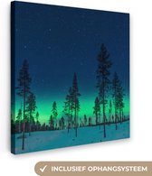 Canvas Schilderij Noorderlicht - Sneeuw - Bomen - Natuur - Groen - 90x90 cm - Wanddecoratie