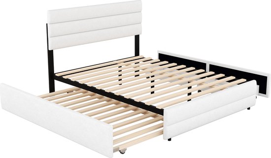 Merax Lit double 140 x 200 - Cadre de lit avec 2 tiroirs et lit gigogne supplémentaire 90 x 190 - Wit