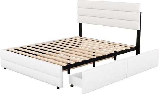 Merax Lit double 140 x 200 - Cadre de lit avec 2 tiroirs et lit gigogne supplémentaire 90 x 190 - Wit