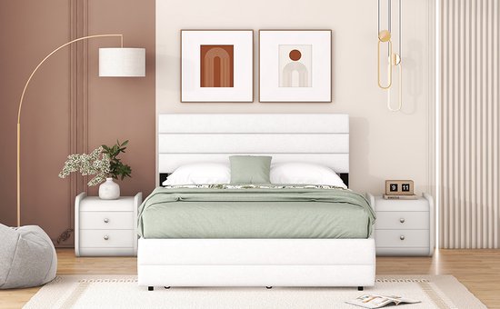 Merax Lit double 140 x 200 - Cadre de lit avec 2 tiroirs et lit gigogne supplémentaire 90 x 190 - Wit