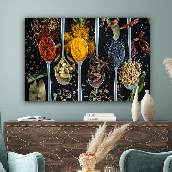 Tableau sur toile Herbes - Cuillère - Épices - Zwart - Cuisine - 140x90 cm - Décoration murale