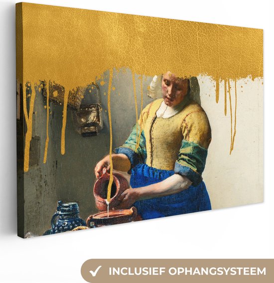 Oude Meesters Canvas - 60x40 - Canvas Schilderij - Melkmeisje - Goud - Vermeer