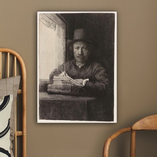 Autoportrait de Rembrandt eau-forte à une fenêtre - Peinture de Rembrandt van Rijn sur toile 60x80 cm - Tirage photo sur toile (Décoration murale salon / chambre)