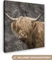 Canvas Wereldkaart - 90x90 - Wanddecoratie Schotse hooglander - Wereldkaart - Dieren