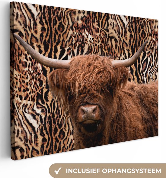 Schotse hooglander - Panterprint - Dieren - Canvas - 40x30 cm - Wanddecoratie