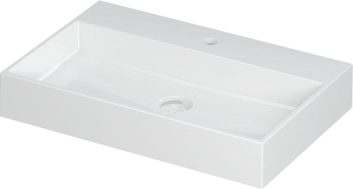 INK® United wastafel porselein met 1 kraangat, inclusief porseleinen click plug en verborgen overloop systeem 70x45x11cm, glans wit