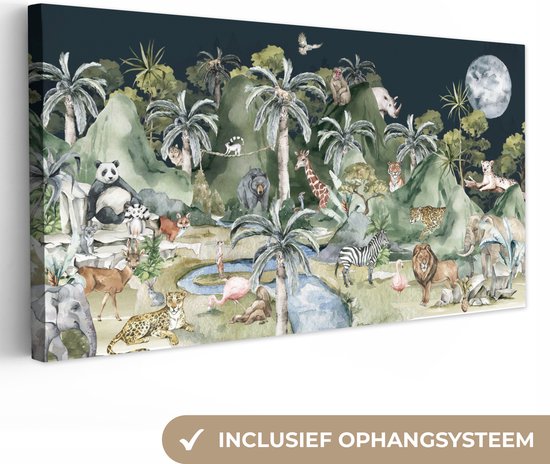 Canvas - Kinderen - Jungle - Dieren - Rivier - Bomen - Bergen - Canvas schilderij - Schilderijen woonkamer - 80x40 cm