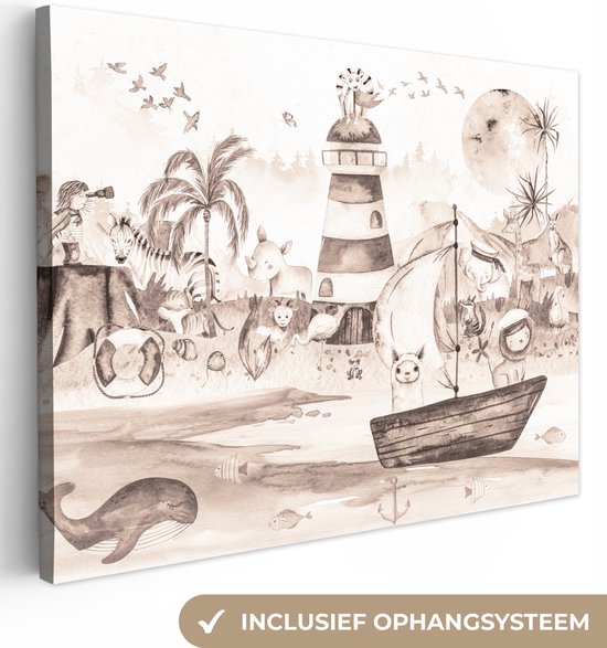 Canvas - Kinderen - Dieren - Vuurtoren - Strand - Boot - Vogels - Canvas schilderij - Schilderijen op canvas - 80x60 cm