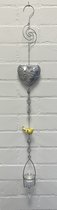 Deco theelichthouder "hart"met metalen ketting - Hart+bloem en vogel- zilveren ketting + gele vogel - lengte 105 cm - exclusief theelicht - Woondecoratie - Theelichthouder - Woonaccessoires