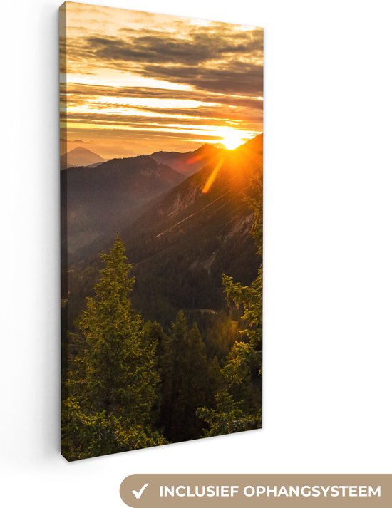 Canvas Schilderij Alpen - Berg - Zon - 20x40 cm - Wanddecoratie