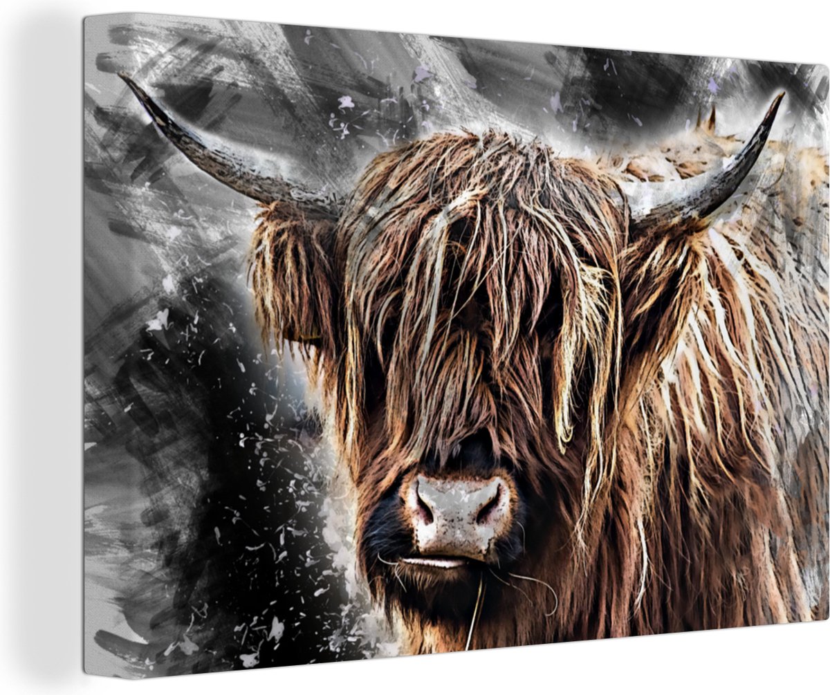 Canvas Schilderij Schotse hooglander - Verf - Koe - 60x40 cm - Wanddecoratie