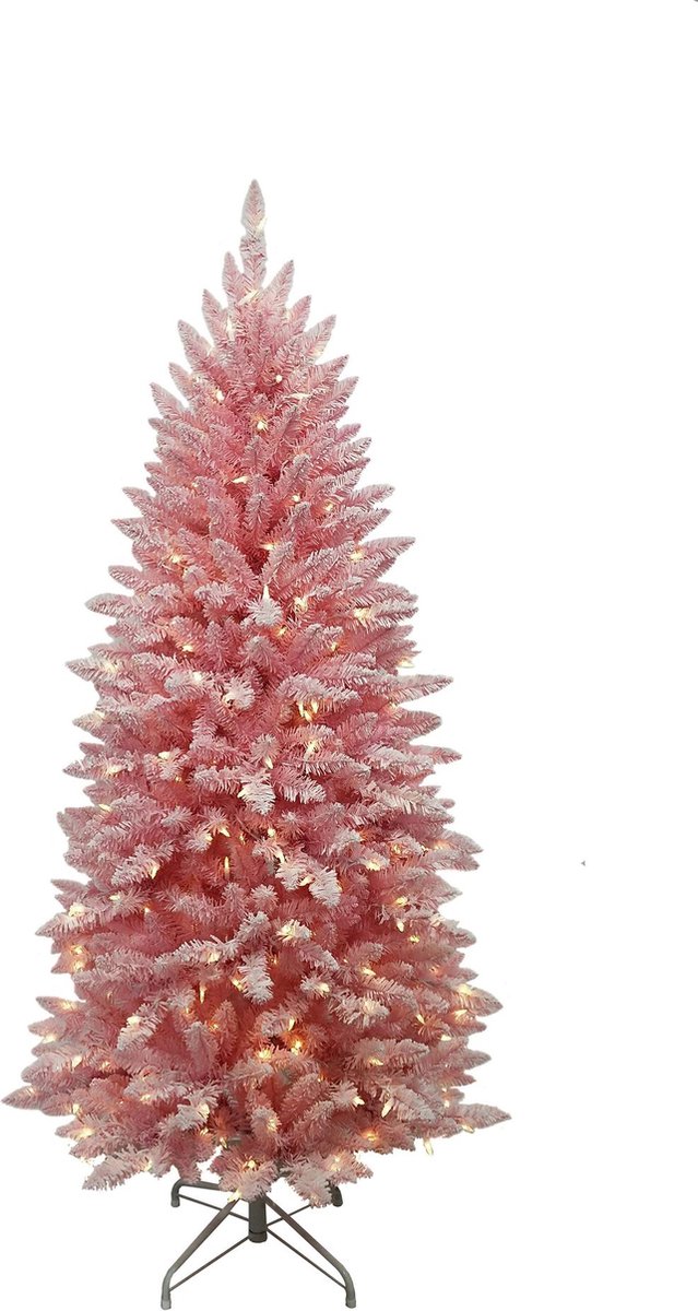 Funky Pink kunstkerstboom - 183 cm - roze - 300 ledlampjes - besneeuwd - metalen voet