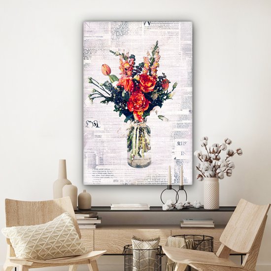 Illustration fleur sur coupure de journal 90x140 cm - Tirage photo sur toile (Décoration murale salon / chambre) / Peintures Fleurs sur toile