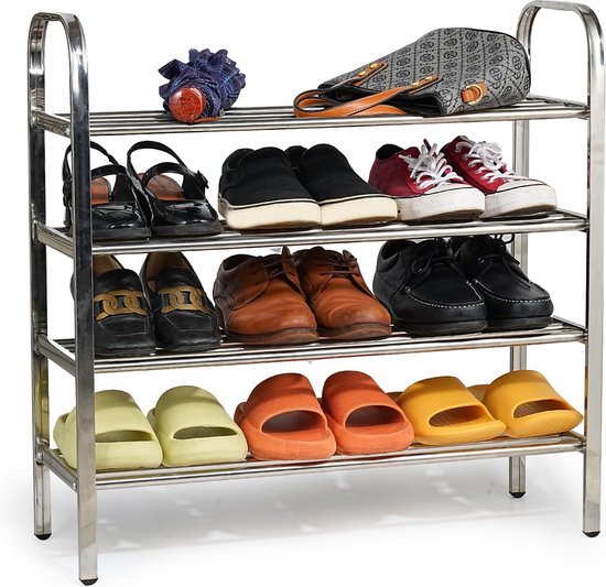 Schoenenrek, schoenenrek met 4 niveaus roestvrij staal, schoenenstandaard van metaal, voor woonkamer, slaapkamer, entree, hal, badkamer