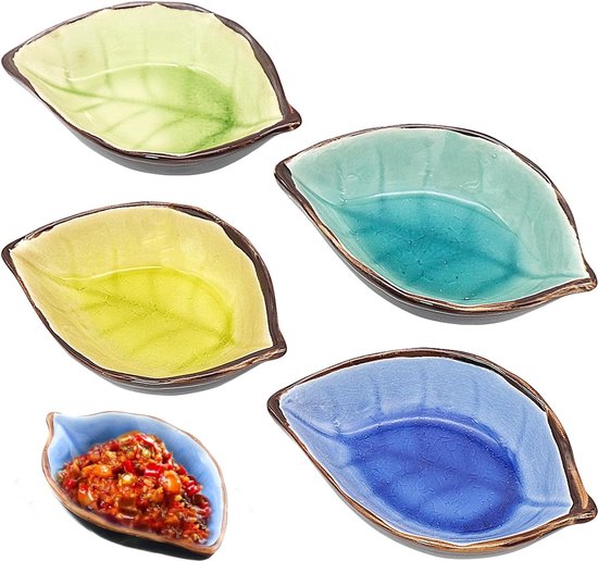Set van 4 mini-keramische schalen, kleine borden voor snacks, bladvorm, handgemaakt, sauzenschalen, keuken, multifunctionele kruidenschaal, bottenkom
