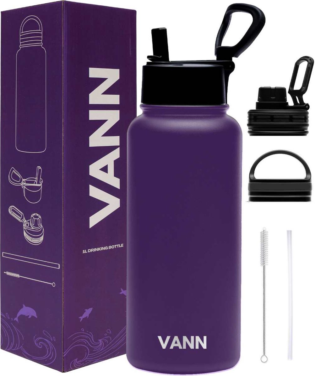 VANN® 3-Wandige Waterfles 1 liter met rietje voor volwassenen – Bidon RVS - met 3 doppen – 24uur koud/12 uur warm - Paars