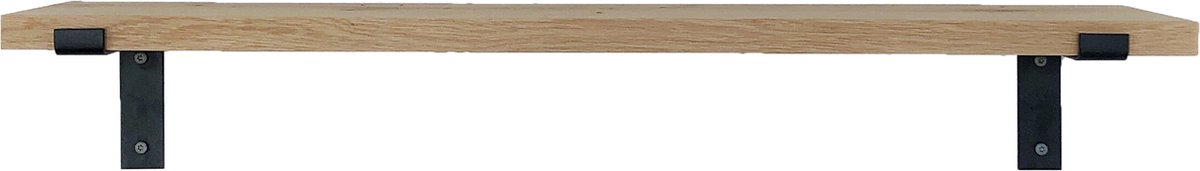 GoudmetHout® Wandplank Industrieel - 220 x 20 cm Muurplank - Licht Eiken Hout - Decoratie Wandrek & Boekenrek - Hangplank Keuken - Wall Shelf + 2 Mat Zwarte Plankdragers van Staal