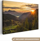 Canvas Schilderij Alpen - Berg - Zon - 90x60 cm - Wanddecoratie