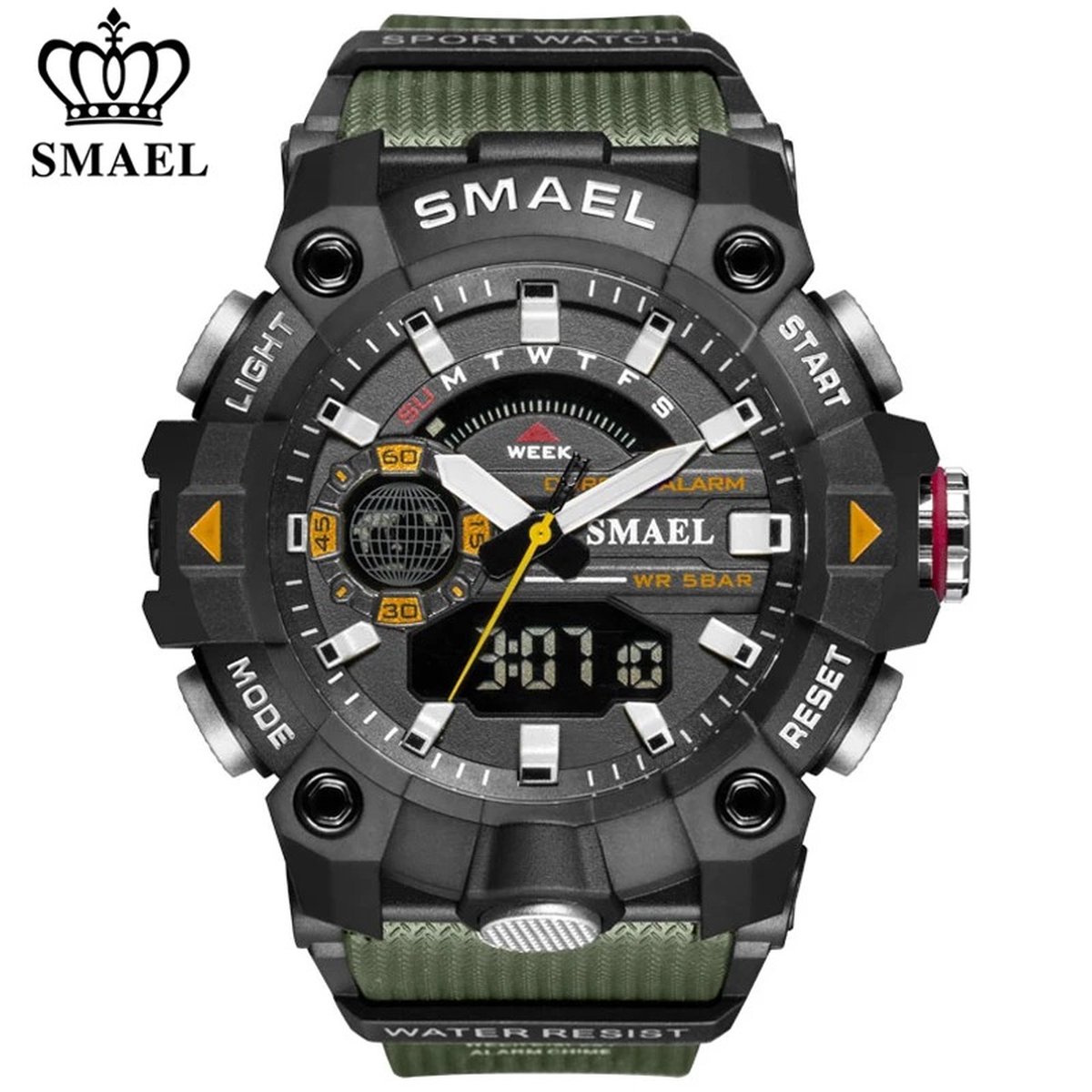 Digitaal Shockbestendig Horloge Zwart Groen | Smael | Waterdicht 5ATM | Glow in dark | Licht | Rubberen band | 8040 | Timer | Eyecatcher | kado | Cadeau