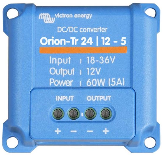 Blauwe Victron Energy Orion-Tr 24/12-5 DC/DC-converter met tekst: Input 18-36V, Output 12V, Power 60W (5A). Schroefklemmen voor Input en Output.