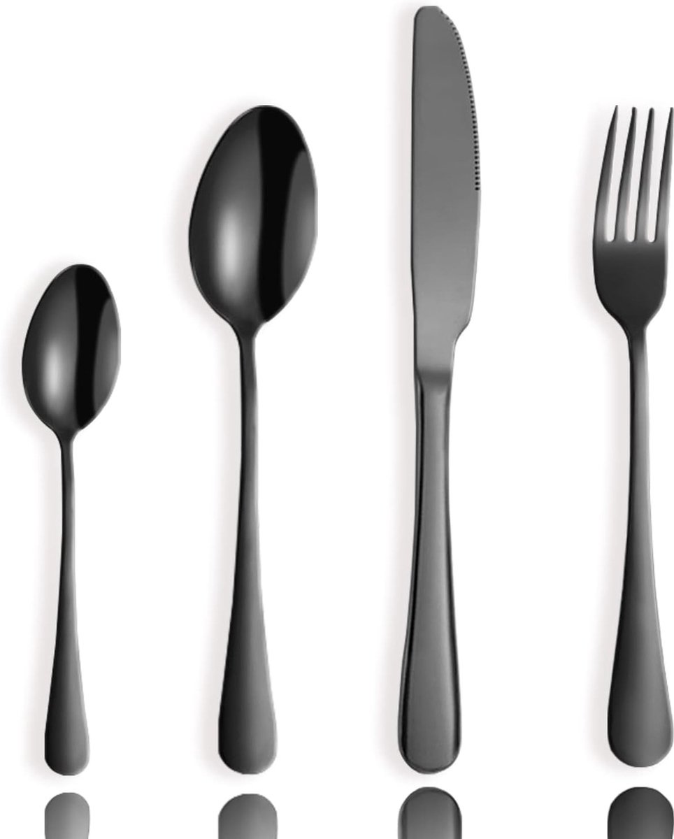 Zwarte bestekset voor 6 personen, 24-delige roestvrij stalen bestekset, cutlery set, camping, mes, vork, lepel, set, hoogwaardig roestvrij stalen bestek voor thuis en restaurant, vaatwasmachinebestendig