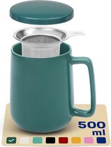 Theemok met zeef en deksel - keramiek blauwgroen - houdt lang warm - 500 ml XXL groot - vaatwasmachinebestendig