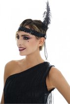 Chaks Charleston hoofdband - met pauwen veer en kraaltjes - zwart - dames - jaren 20 thema