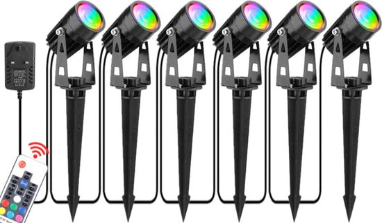 Lichtendirect-Tuinverlichting-Prikstok- 14,7 Meter - 6x LED Spots- RGB - Afstandsbediening- Tuinspot -Waterdicht – Kantelbaar- Lantaarn- Buitenlamp- Wandlamp- Tuinlantaarn-Led buitenverlichting