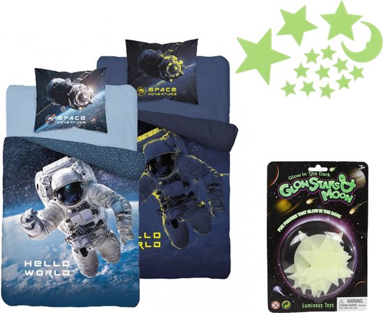 Foto: Dekbedovertrek ruimtevaart space astronaut 140x200 katoen glow in the dark effect incl gratis sterren set glow in the dark plakfiguren