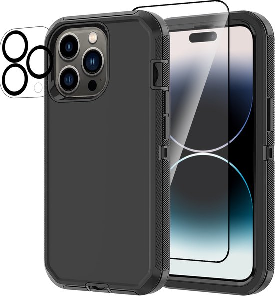 Foto: Heavy duty iphone 15 pro max case met screen protector en lens protector zwart dustproof shockproof telefoonhoes cover bestaande uit 3 lagen inclusief schermbeschermer en lensbeschermer geschikt voor apple iphone 15 pro max