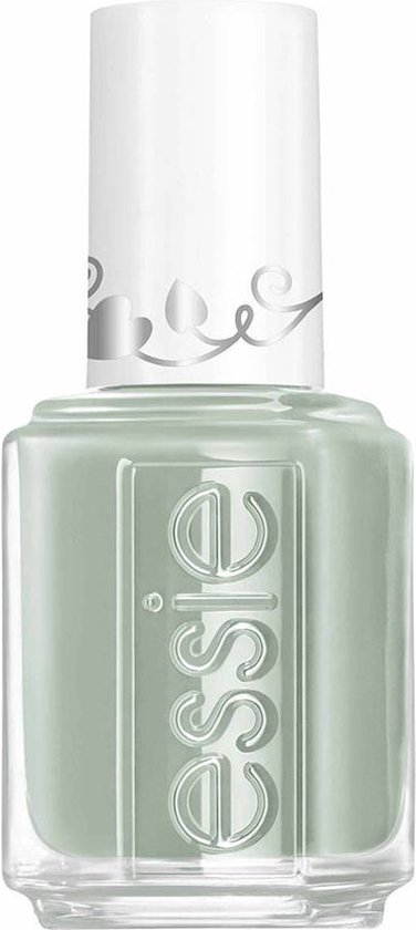 Essie nagellakflesje met lichtgroene lak en witte dop met zilveren sierlijke tekst. Essie logo op de fles.