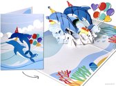 Popcards popupkaarten – 2 Vrolijke Feestvierende Dolfijnen “Flipper” springen uit de golven - Verjaardag Felicitatie pop-up kaart 3D wenskaart