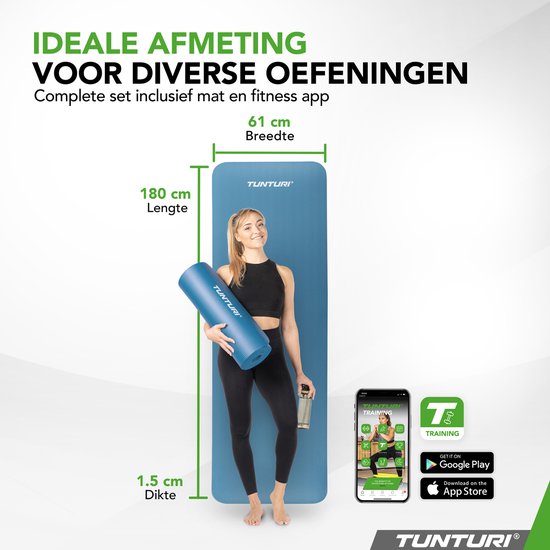 Vrouw met petrolblauwe Tunturi fitnessmat van 180x60x1.5cm.