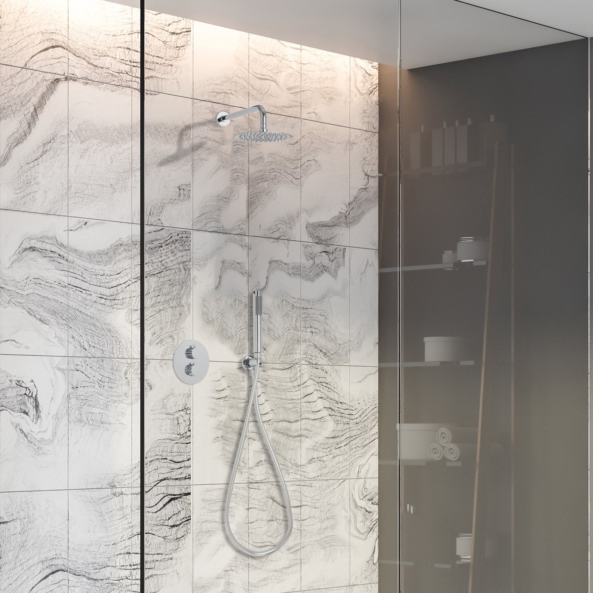 Ced'or complete inbouw regendouche 20 cm met wandarm en staafhanddouche Chroom ( inbouw + afbouwdelen )